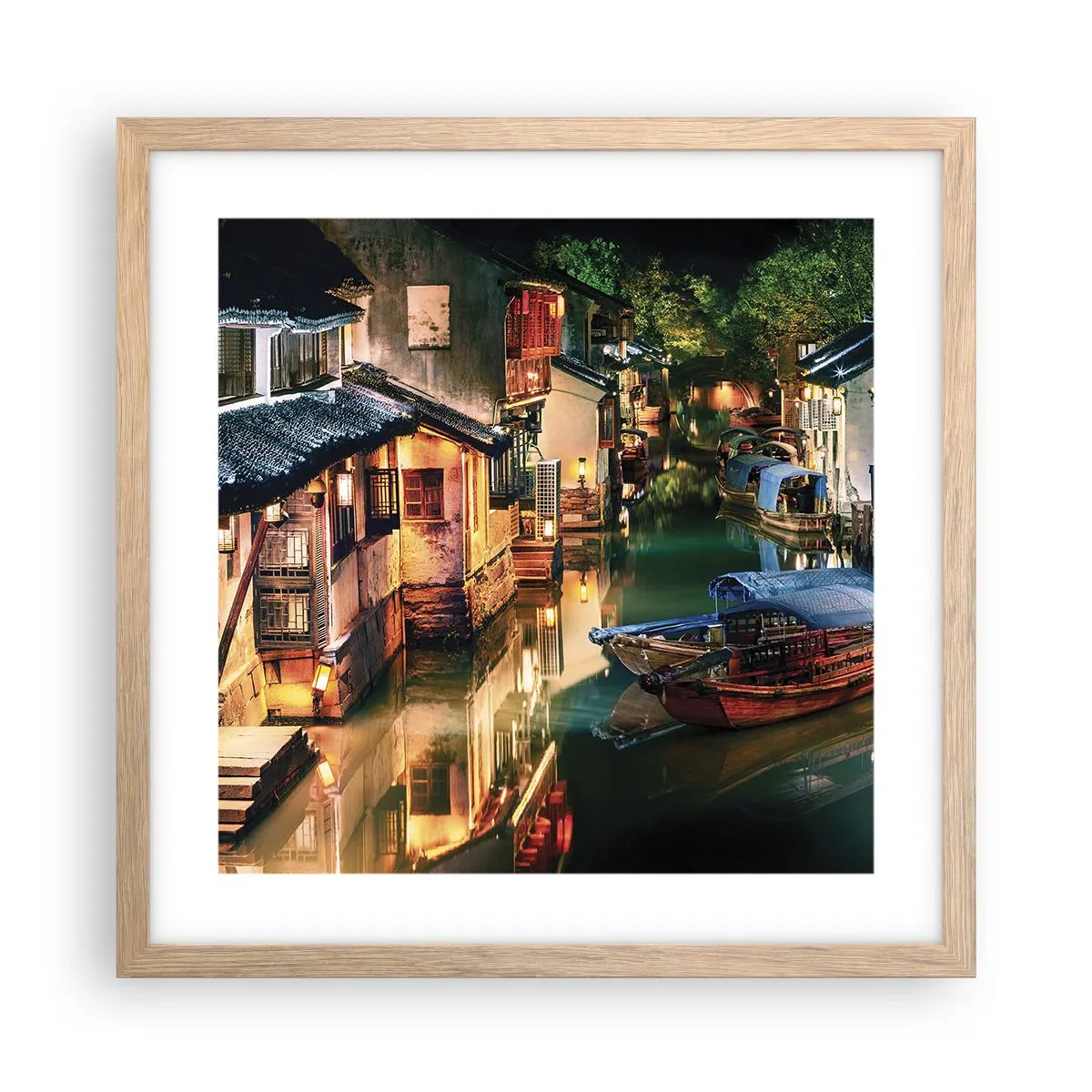 Plakát v rámu světlý dub - Večer na čínské ulici - 40x40 cm