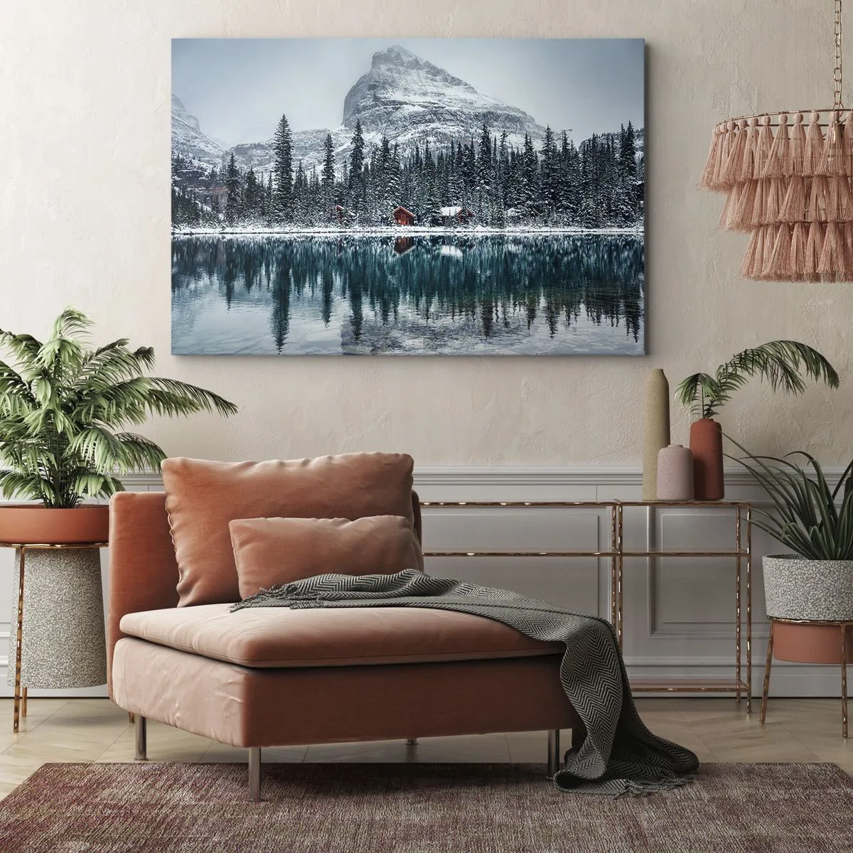 Obraz na plátně - Zimní krajina s chatkami v lese u zamrzlého jezera - 70x50cm - Kanadské útočiště - Moderní nástěnná dekorace do obývacího pokoje a ložnice ARTTOR