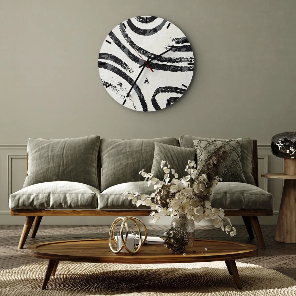 Nástěnné hodiny - Černé a šedé oblouky na světlém pozadí v minimalistickém stylu - 30x30cm - Napůl zastavený - Moderní nástěnná dekorace do obývacího pokoje, kuchyně a ložnice ARTTOR