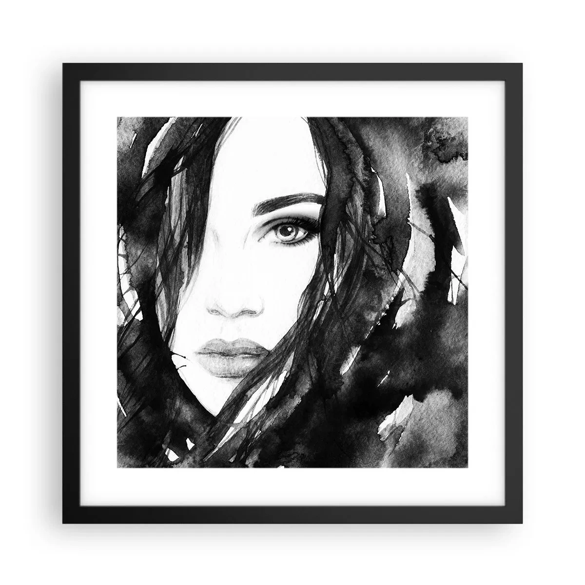 Plakát v černém rámu - Portrét dámy v černé a bílé - 40x40 cm