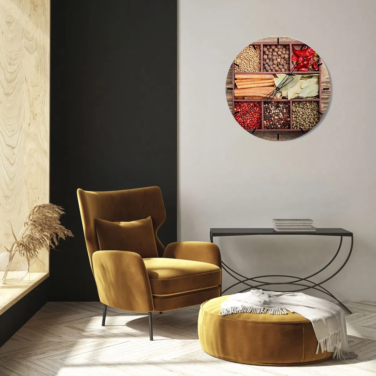 Nástěnné hodiny - Koření v dřevěných přihrádkách - 30x30cm - Pořádek tvarů, buket vůní - Moderní nástěnná dekorace do obývacího pokoje, kuchyně a ložnice ARTTOR