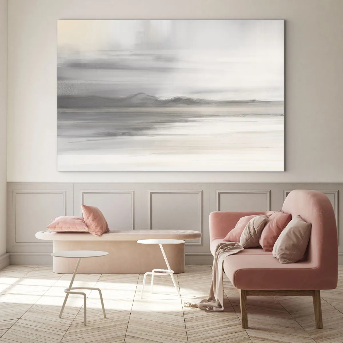Obraz na skle - Jemné, rozmazané horské panorama v pastelově šedých tónech - 70x50cm - Zamyšlená dálka - Moderní nástěnná dekorace do obývacího pokoje a ložnice ARTTOR
