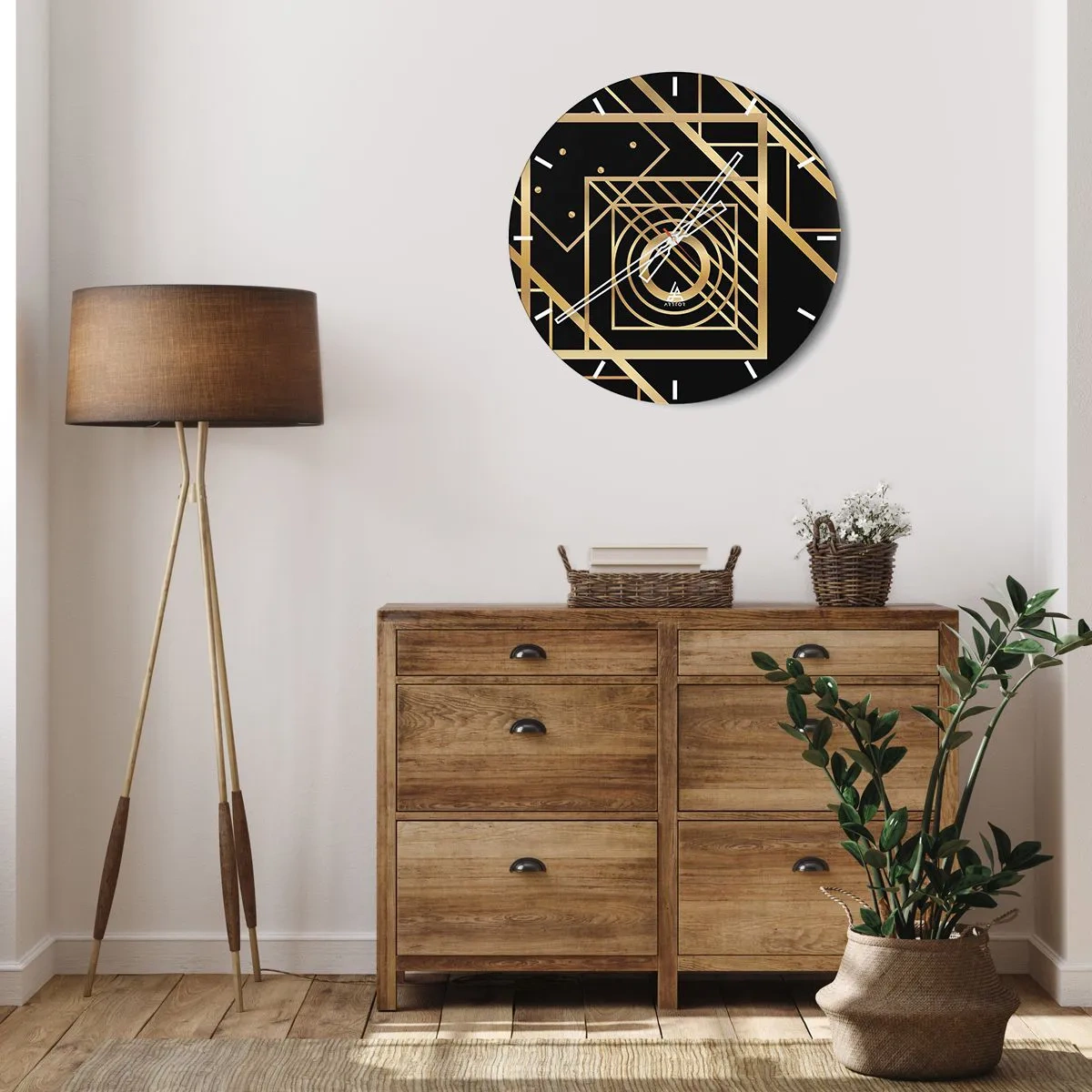 Nástěnné hodiny - Zlatý geometrický vzor na černém pozadí - 30x30cm - Zlatá geometrie - Moderní nástěnná dekorace do obývacího pokoje, kuchyně a ložnice ARTTOR