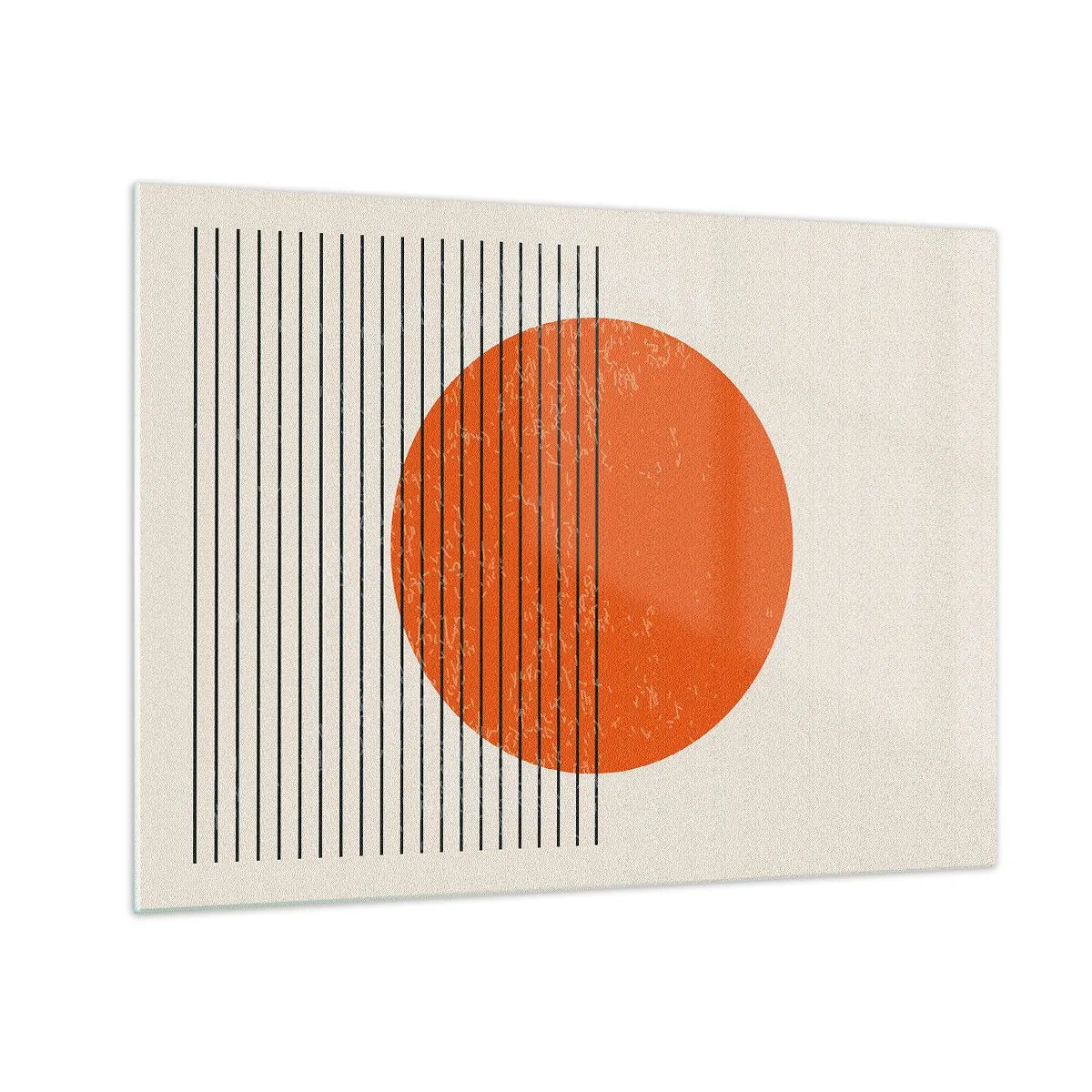 Obraz na skle - Geometrická kompozice s oranžovým kruhem a čarami - 70x50cm - Vždy slunce - Moderní nástěnná dekorace do obývacího pokoje a ložnice ARTTOR