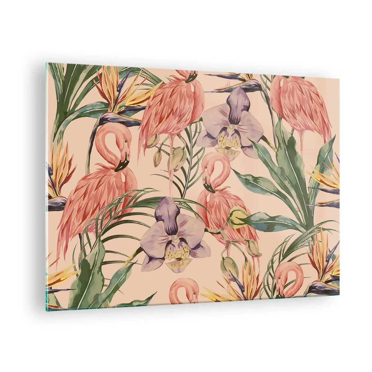 Obraz na skle - Plameňáci obklopení tropickými květinami a rostlinami - 70x50cm - Růžový balet v květech - Moderní nástěnná dekorace do obývacího pokoje a ložnice ARTTOR
