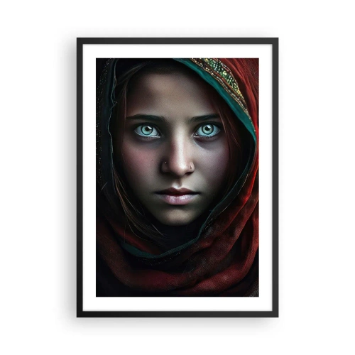 Plakát v černém rámu - Portrét dívky v červeném šálu s hypnotizujícíma očima - 50x70cm - Východní princezna - Moderní nástěnná dekorace do obývacího pokoje a ložnice ARTTOR