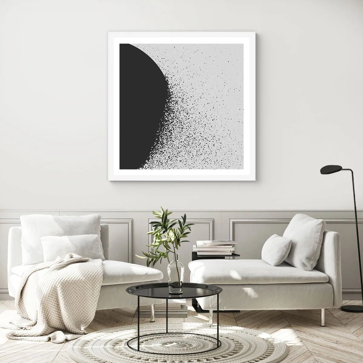 Plakát v bílém rámu - Pohyb částic - 40x40 cm