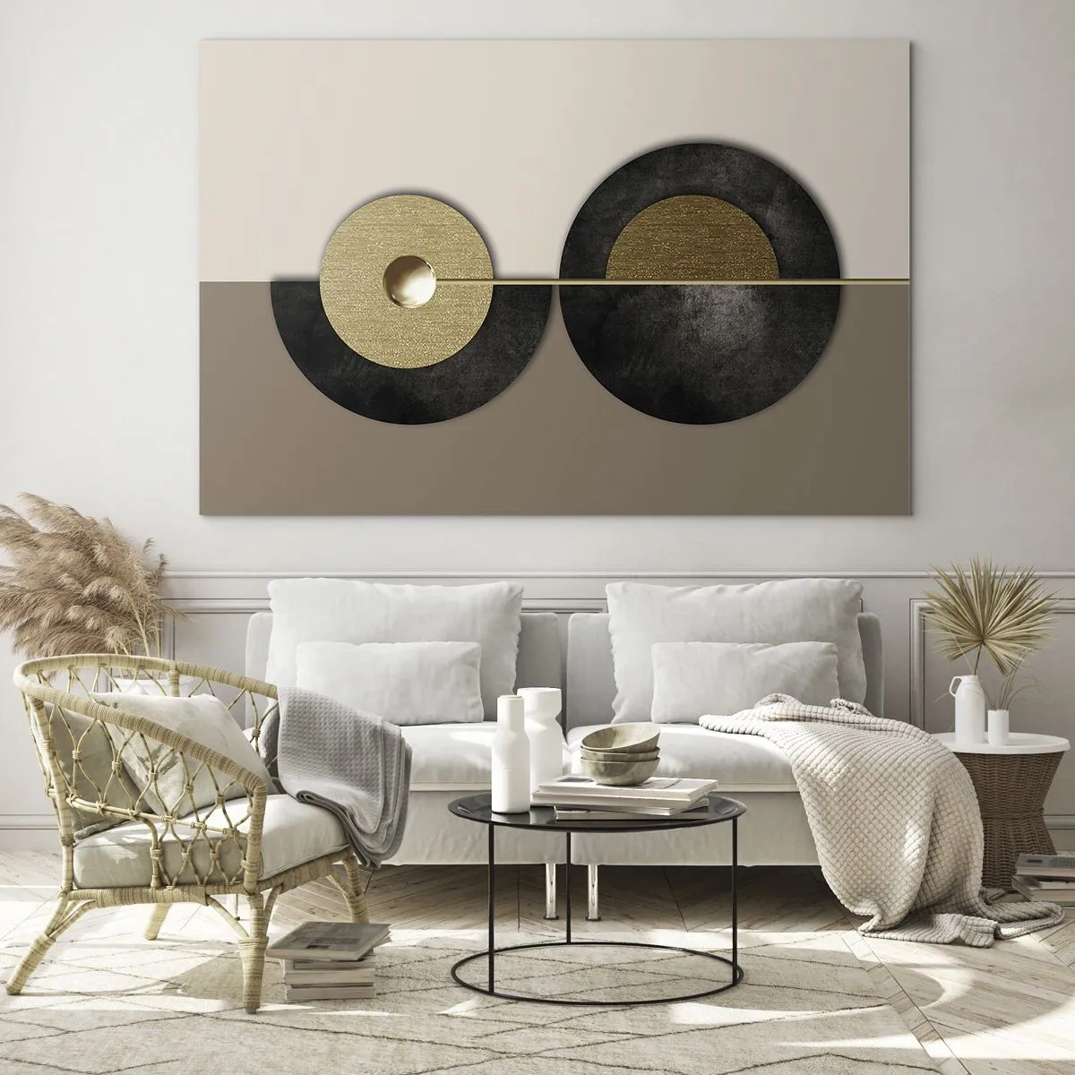 Obraz na skle - Geometrické kruhy ve zlaté a černé barvě na béžovém pozadí - 70x50cm - Variace kolem kruhu - Moderní nástěnná dekorace do obývacího pokoje a ložnice ARTTOR