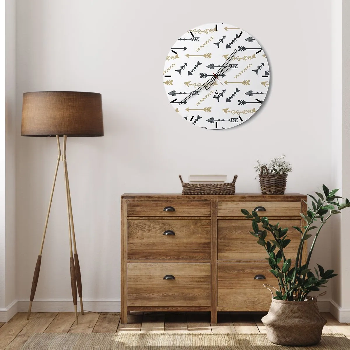 Nástěnné hodiny - Dekorativní vzor s různými šipkami na bílém pozadí - 30x30cm - Sen lučišníka - Moderní nástěnná dekorace do obývacího pokoje, kuchyně a ložnice ARTTOR