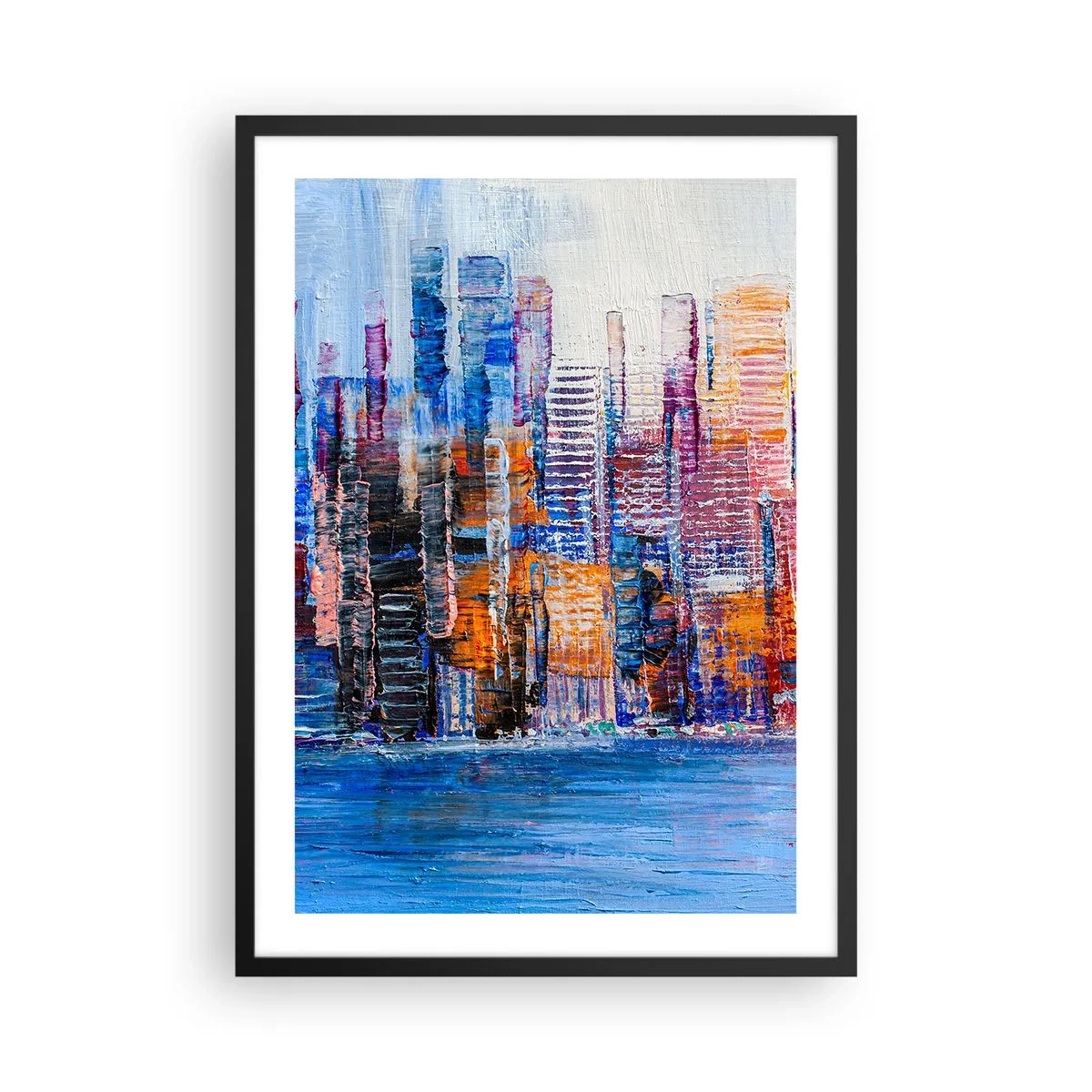 Plakát v černém rámu - Abstraktní panorama města v intenzivních barvách - 50x70cm - Radostná metropole - Moderní nástěnná dekorace do obývacího pokoje a ložnice ARTTOR