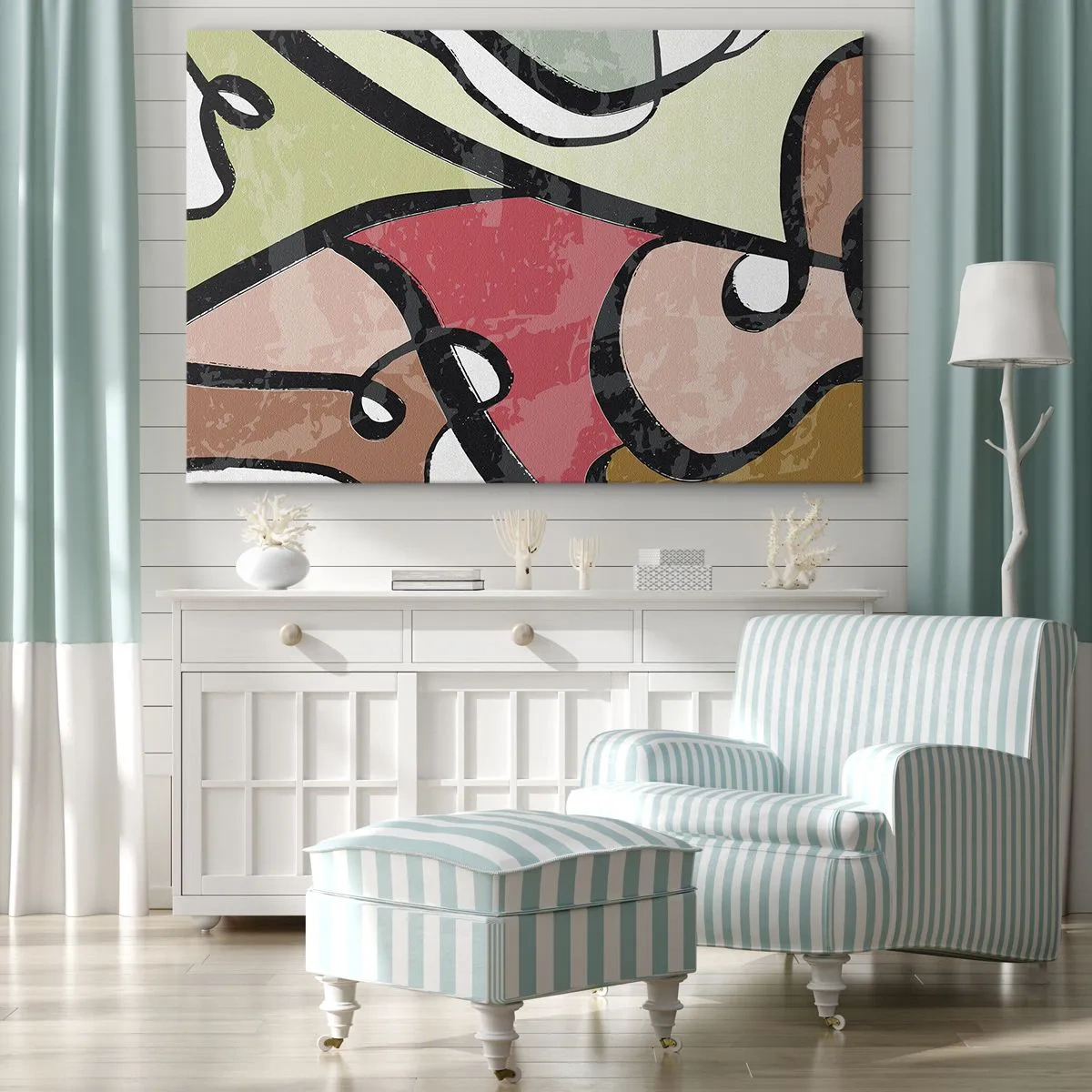 Obraz na plátně - Barevné abstraktní tvary s černými čarami - 70x50cm - Piruety uprostřed barev - Moderní nástěnná dekorace do obývacího pokoje a ložnice ARTTOR