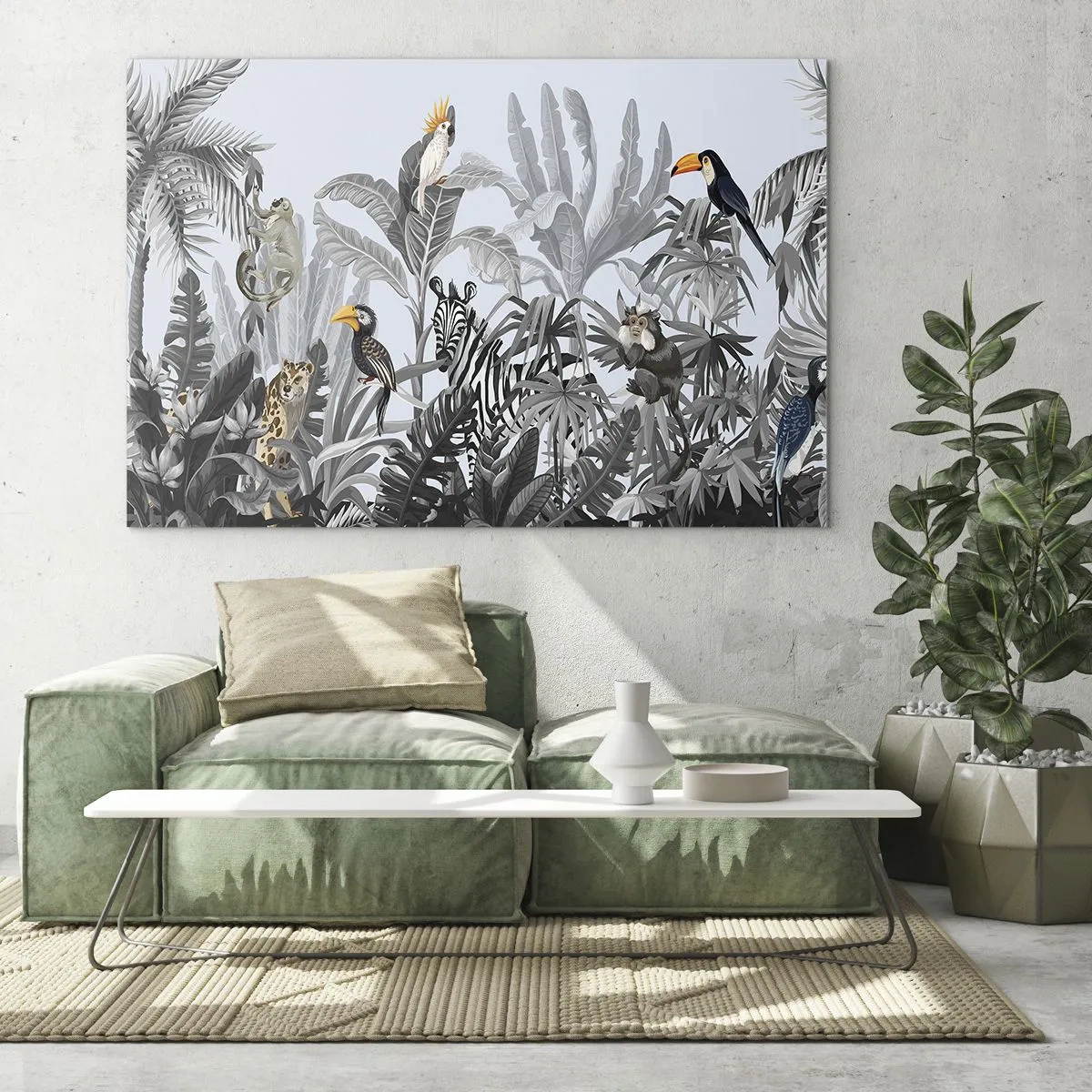 Obraz na skle - Exotická zvířata v černobílé džungli na světlém pozadí - 70x50cm - Africká pohádka - Moderní nástěnná dekorace do obývacího pokoje a ložnice ARTTOR