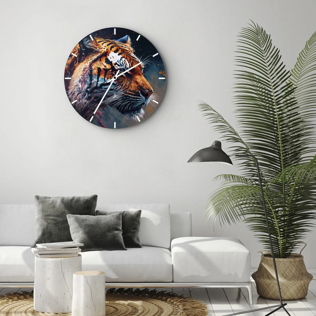 Nástěnné hodiny - Portrét tygra v intenzivních barvách s malířskými akcenty - 30x30cm - Divoká krása - Moderní nástěnná dekorace do obývacího pokoje, kuchyně a ložnice ARTTOR