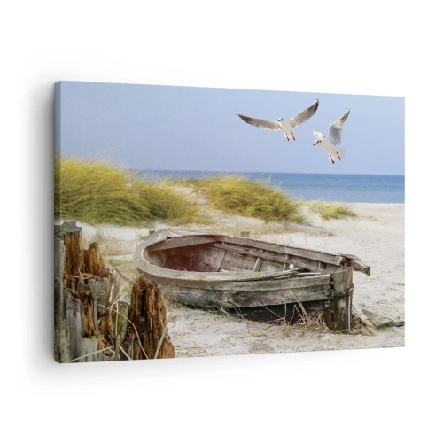 Obraz na plátně - Opuštěná loď na pláži s racky - 70x50cm - Větrem ozářené - Moderní nástěnná dekorace do obývacího pokoje a ložnice ARTTOR
