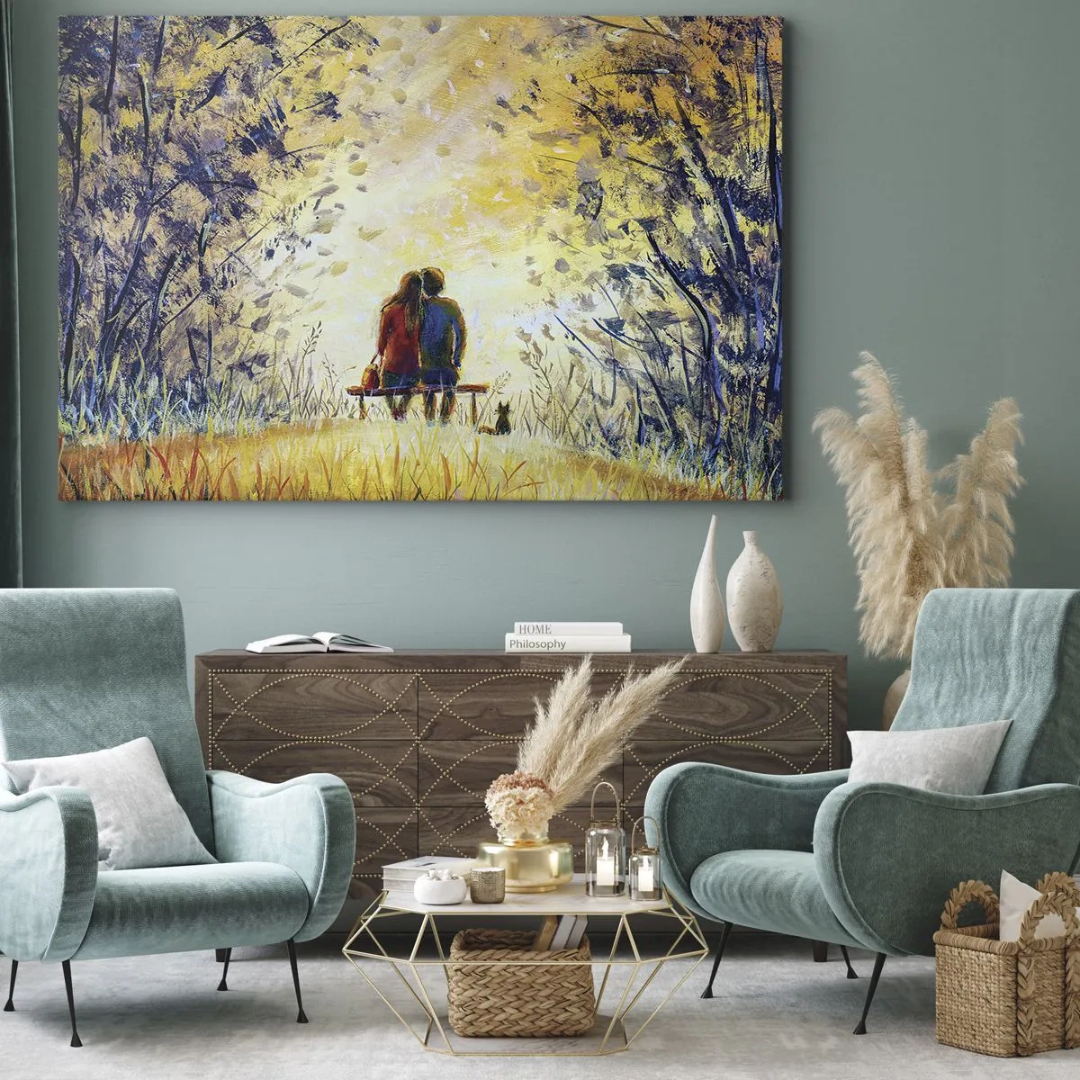 Obraz na plátně - Pár sedí na lavičce mezi podzimními stromy na slunci - 70x50cm - Magický okamžik - Moderní nástěnná dekorace do obývacího pokoje a ložnice ARTTOR