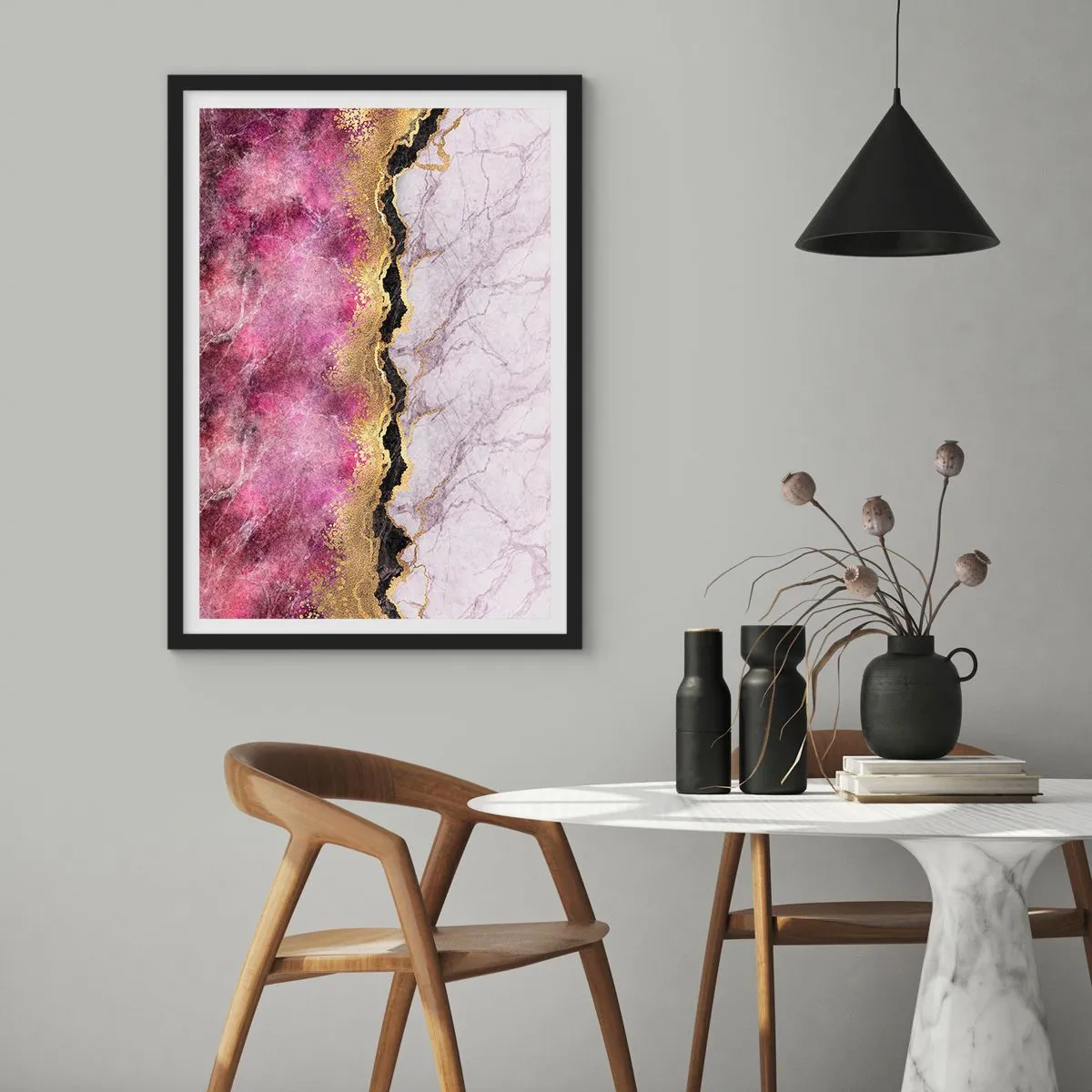 Plakát v černém rámu - Abstrakce s mramorovým vzorem a zlatými akcenty - 50x70cm - Na hranici - Moderní nástěnná dekorace do obývacího pokoje a ložnice ARTTOR