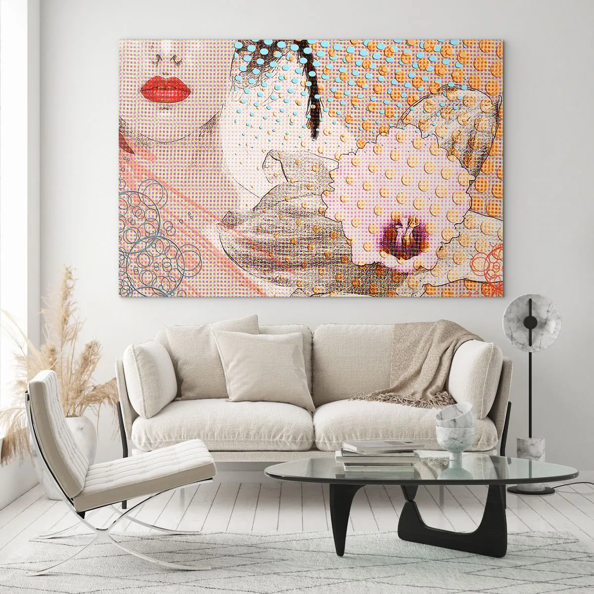 Obraz na skle - Ilustrace portrétu ženy s květinou v pozadí ve stylu pop art - 70x50cm - Komiksový heroin - Moderní nástěnná dekorace do obývacího pokoje a ložnice ARTTOR