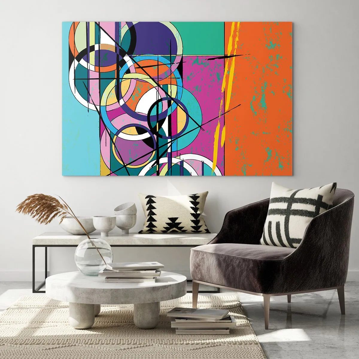 Obraz na skle - Barevná abstrakce s geometrickými tvary a kruhy - 70x50cm - Kruh za kruhem - Moderní nástěnná dekorace do obývacího pokoje a ložnice ARTTOR