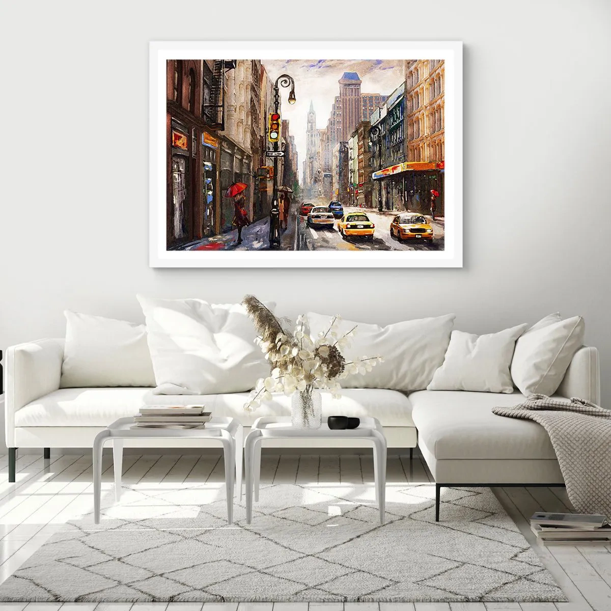 Plakát v bílém rámu - New York – barevný i v dešti - 70x50 cm