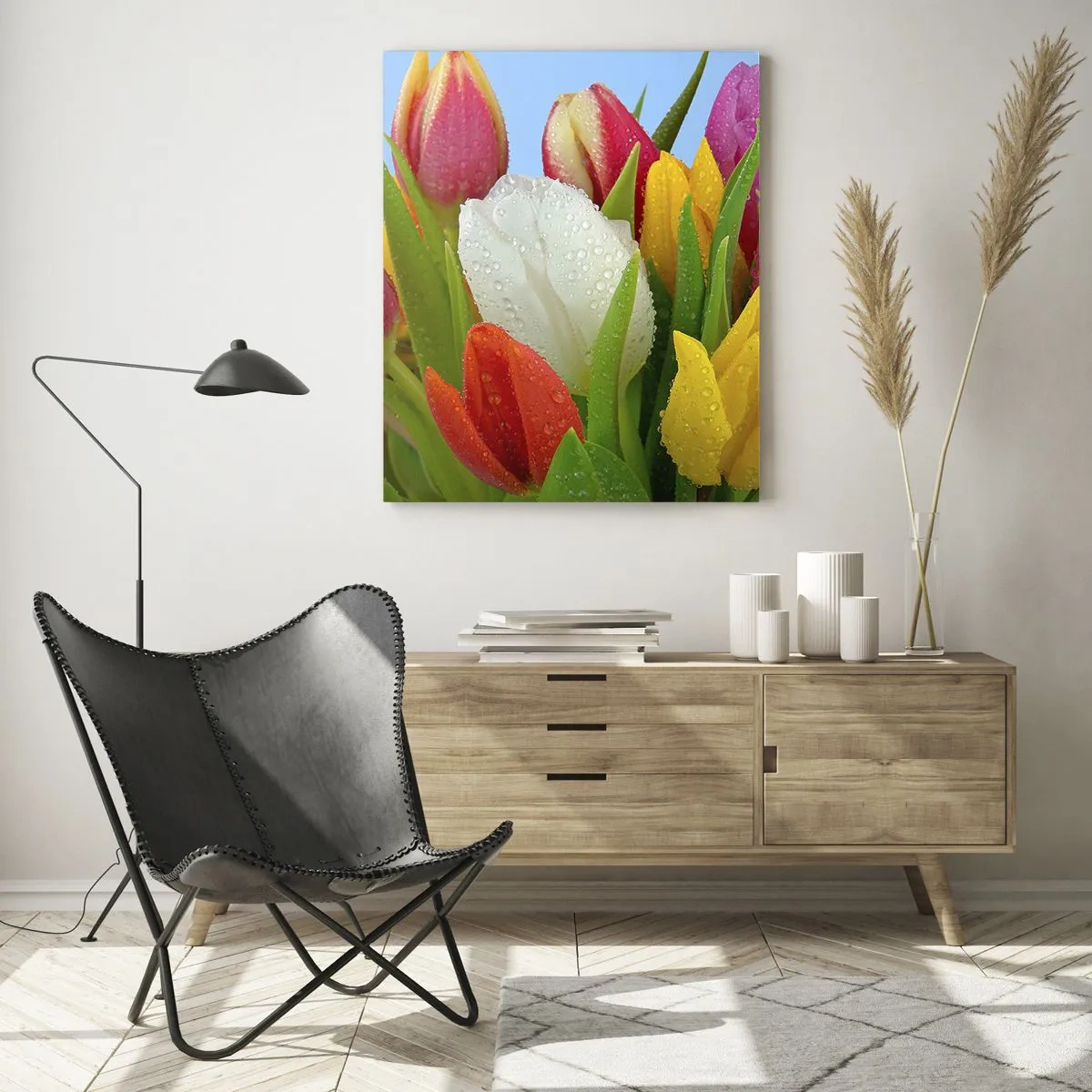 Obraz na skle - Květinová duha v kapkách rosy - 50x70 cm