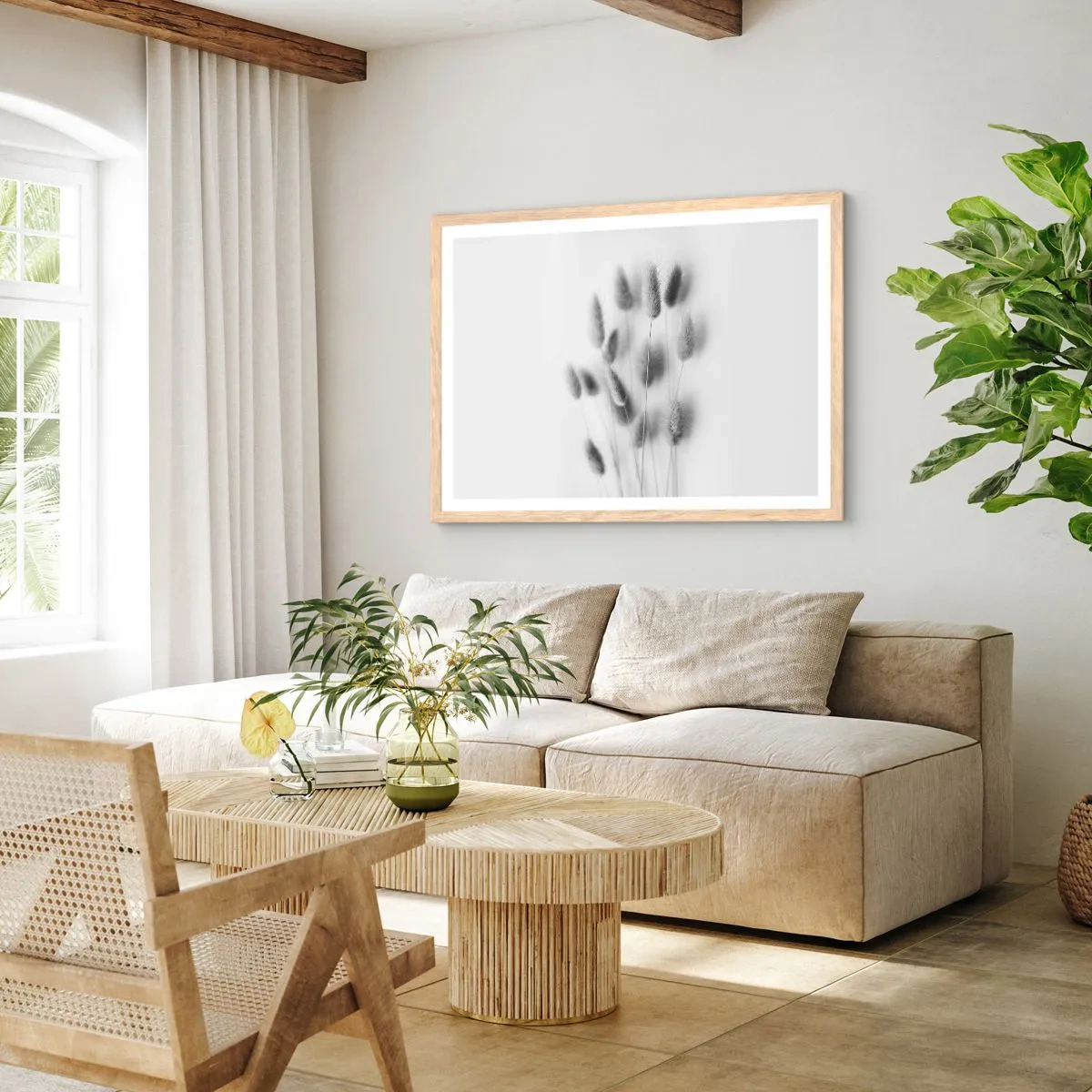 Plakát v rámu světlý dub - Její načechranost tráva - 100x70 cm
