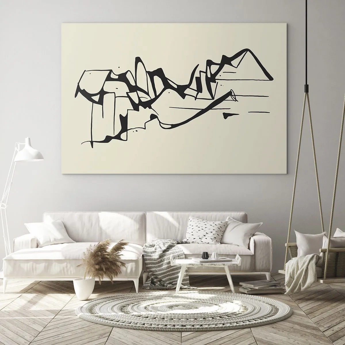 Obraz na skle - Abstraktní černobílá čára tvořící obrys krajiny - 70x50cm - Možná krajina - Moderní nástěnná dekorace do obývacího pokoje a ložnice ARTTOR