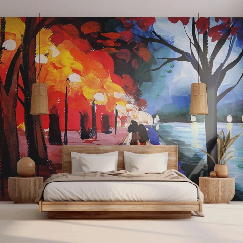 Fototapeta Standard Eco - Romantická procházka po stezce podél jezera ve světle lamp - 100x70cm - Žhavý podzim v parku - Moderní nástěnná dekorace do obývacího pokoje a ložnice ARTTOR