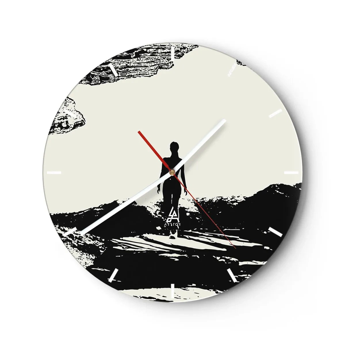 Nástěnné hodiny - Černá a bílá silueta ženy proti skalnaté krajině - 30x30cm - Nový pohled - Moderní nástěnná dekorace do obývacího pokoje, kuchyně a ložnice ARTTOR