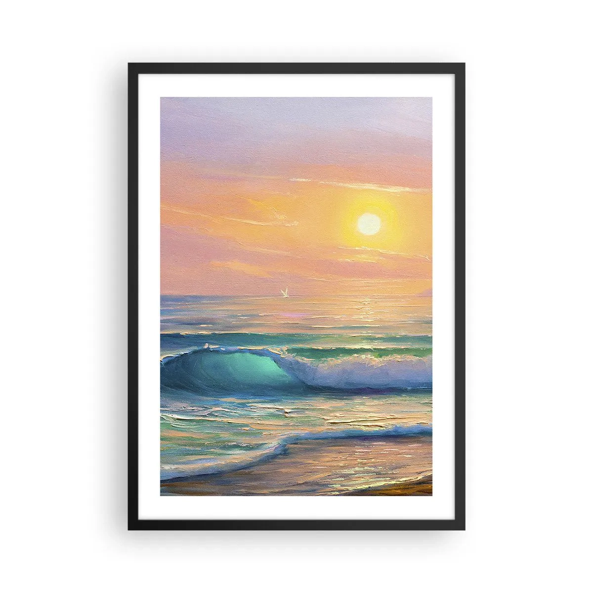 Plakát v černém rámu - Slunečný západ slunce nad klidným oceánem - 50x70cm - Tyrkysová píseň vln - Moderní nástěnná dekorace do obývacího pokoje a ložnice ARTTOR