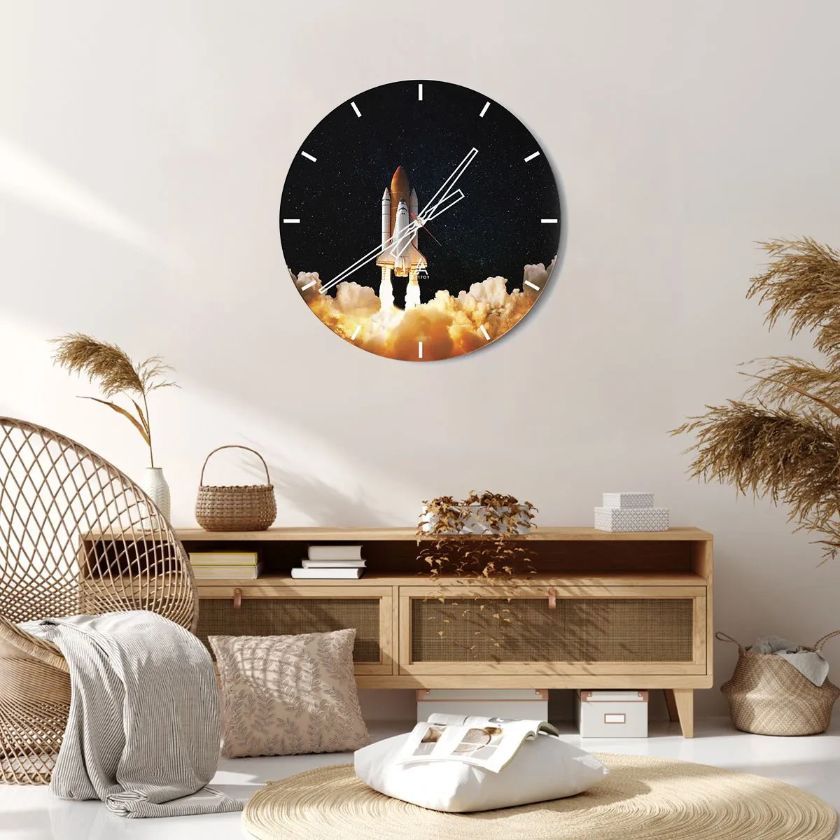 Nástěnné hodiny - Start vesmírné rakety na pozadí hvězdné oblohy - 30x30cm - Ad astra! - Moderní nástěnná dekorace do obývacího pokoje, kuchyně a ložnice ARTTOR