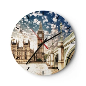 Nástěnné hodiny - Big Ben a Temžský most v Londýně za slunečného dne - 30x30cm - Peřové oblaky nad Temží - Moderní nástěnná dekorace do obývacího pokoje, kuchyně a ložnice ARTTOR