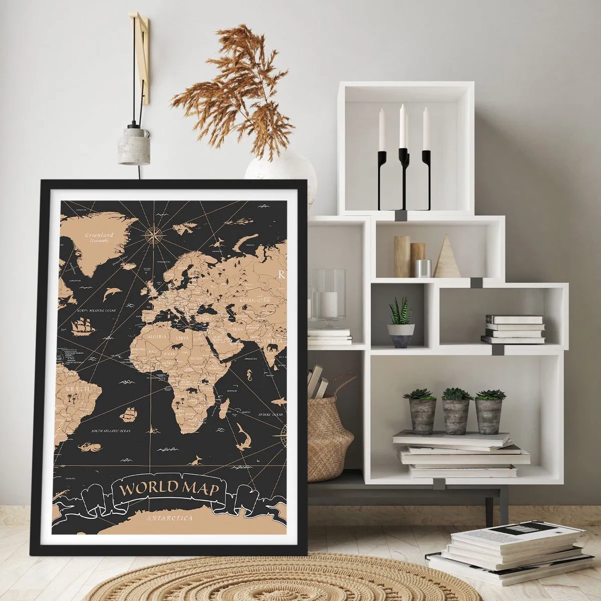 Plakát v černém rámu - Stylizovaná mapa světa v retro barvách - 50x70cm - Hranice mého světa - Moderní nástěnná dekorace do obývacího pokoje a ložnice ARTTOR