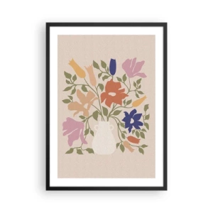 Plakát v černém rámu - Barevná kytice květin ve světlé váze na béžovém pozadí - 50x70cm - Jemná kytice - Moderní nástěnná dekorace do obývacího pokoje a ložnice ARTTOR