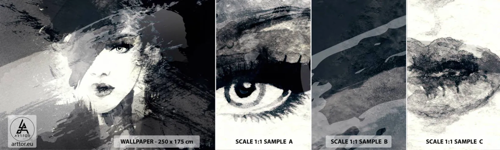 Vzor Fototapety Samolepicí Deluxe Sticker - Za šedým závojem - ženská tvář, Černý a bílý, Oči - 100x30 cm