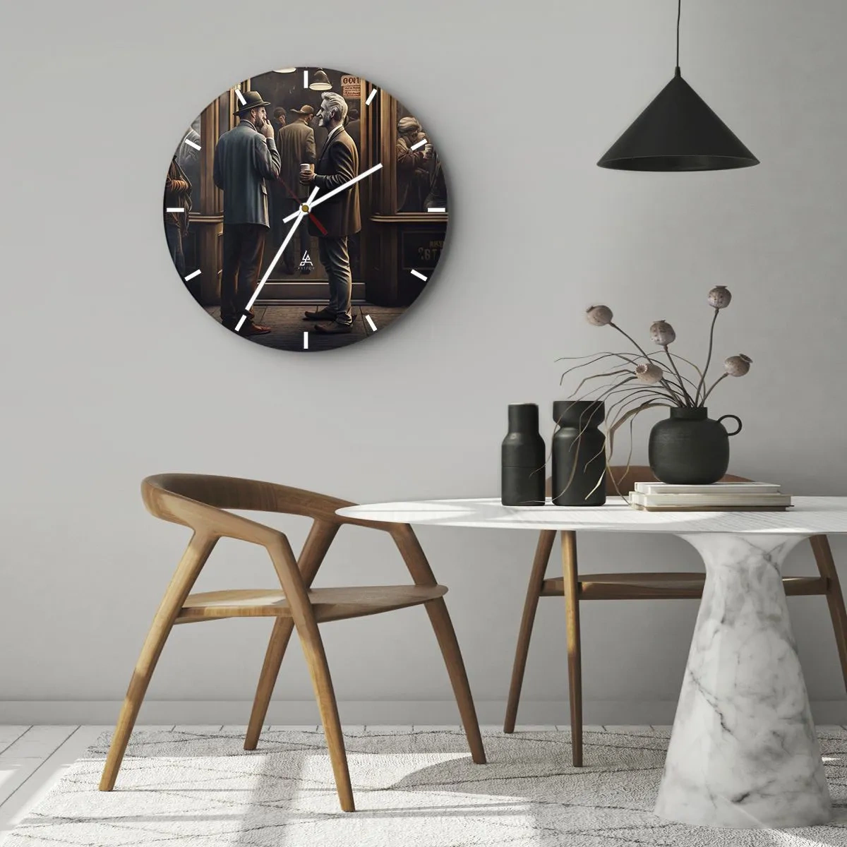 Nástěnné hodiny - Dva muži si povídají u kávy před kavárnou - 30x30cm - Dobrá chvíle dne - Moderní nástěnná dekorace do obývacího pokoje, kuchyně a ložnice ARTTOR