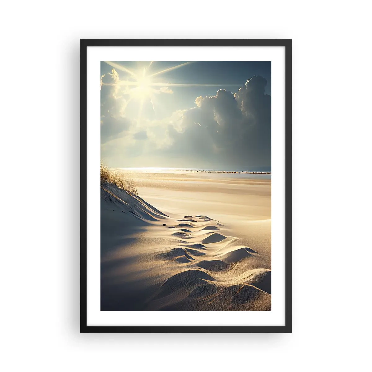 Plakát v černém rámu - Zlaté duny na pláži při západu slunce - 50x70cm - Uklidňující krajina - Moderní nástěnná dekorace do obývacího pokoje a ložnice ARTTOR