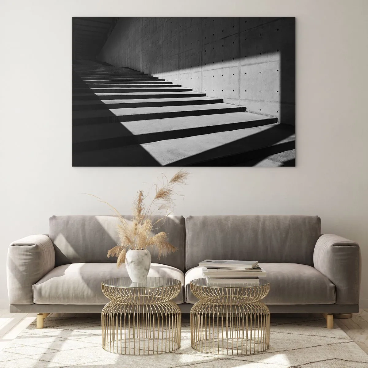 Obraz na skle - Betonové schody v ostrém světle a stínu v moderním stylu - 70x50cm - Syrová krása modernismu - Moderní nástěnná dekorace do obývacího pokoje a ložnice ARTTOR