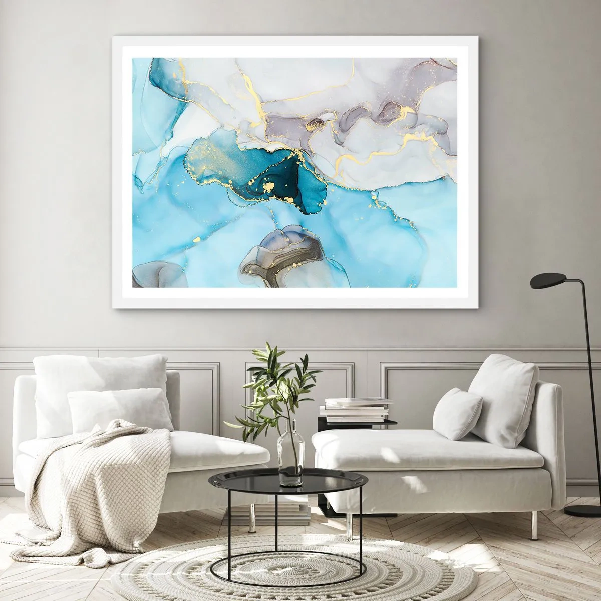 Plakát v bílém rámu - Studie o setkání šedé a tyrkysové - 70x50 cm