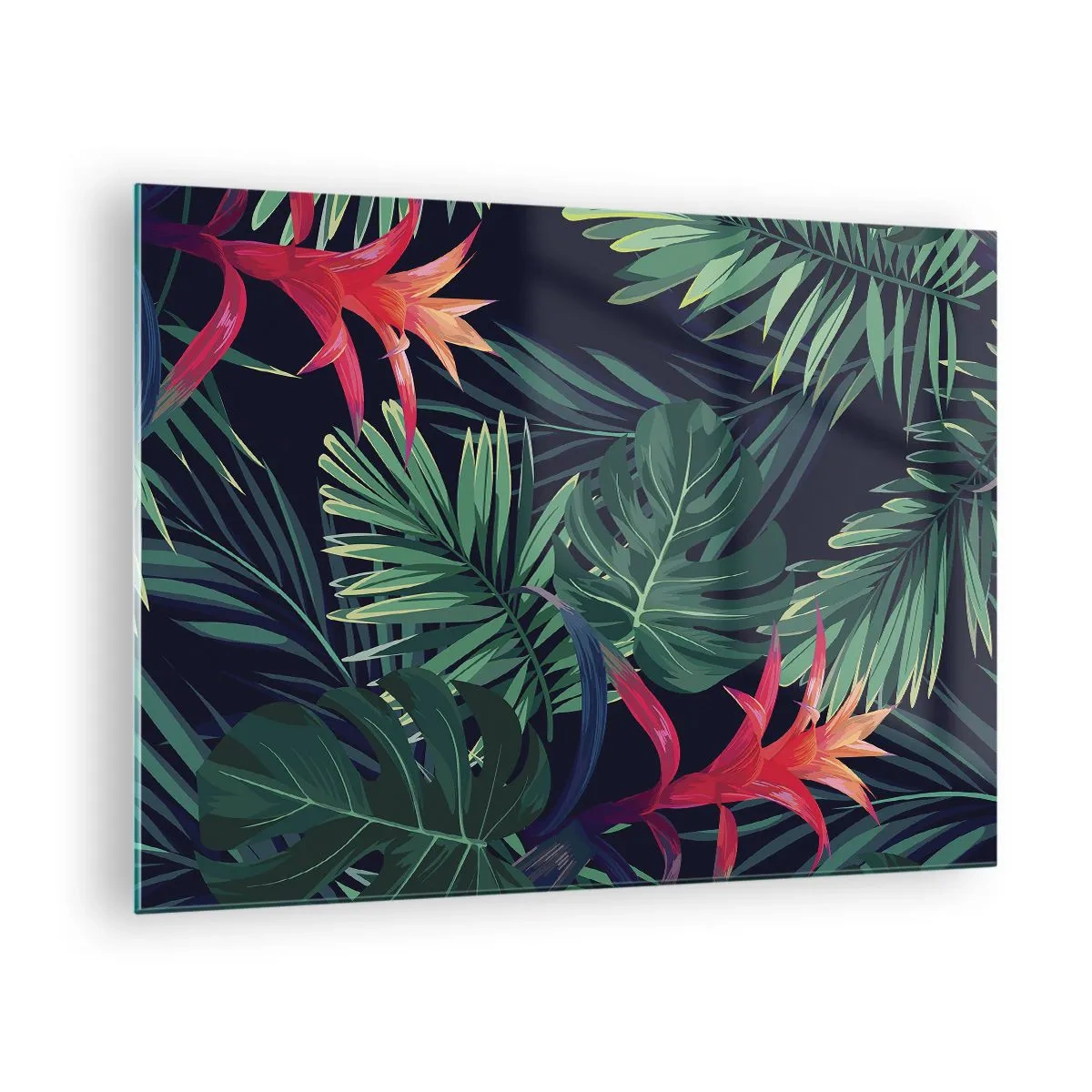 Obraz na skle - Exotické listy a květiny na tmavém pozadí - 70x50cm - Vzplanout v zeleném - Moderní nástěnná dekorace do obývacího pokoje a ložnice ARTTOR