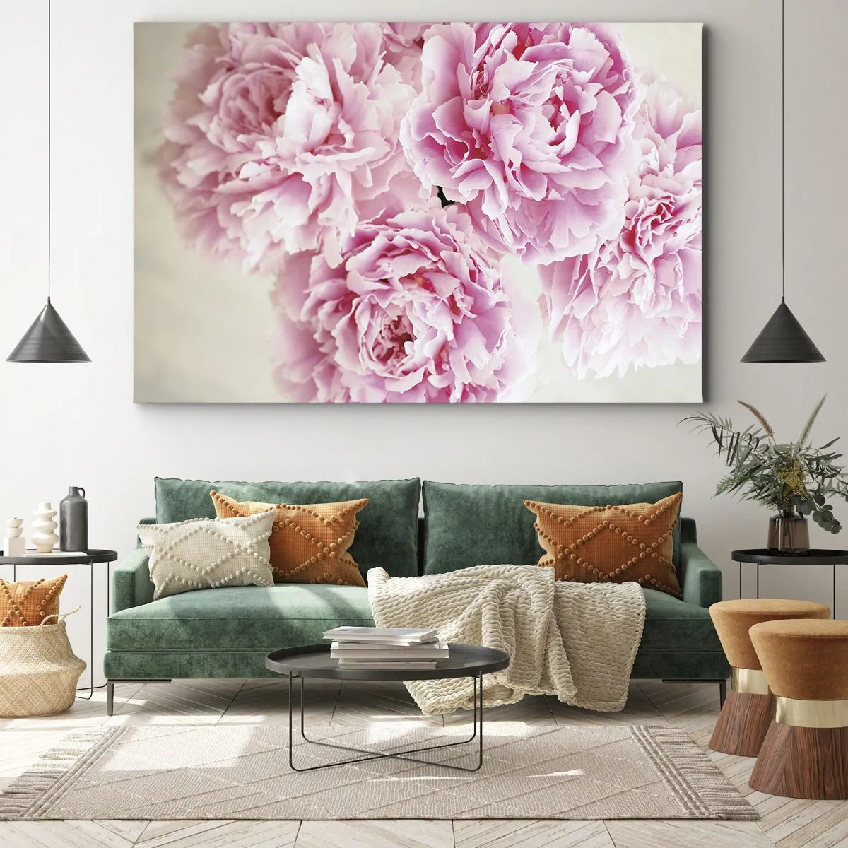 Obraz na plátně - Kytice růžových pivoněk na světlém pozadí - 70x50cm - V růžovém přepychu - Moderní nástěnná dekorace do obývacího pokoje a ložnice ARTTOR