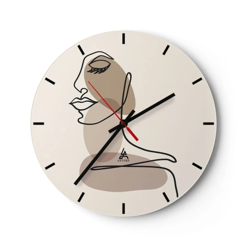 Nástěnné hodiny - Minimalistický portrét ženy ve stylu čárové grafiky a béžových skvrn. - 30x30cm - Určitá linie krásy - Moderní nástěnná dekorace do obývacího pokoje, kuchyně a ložnice ARTTOR