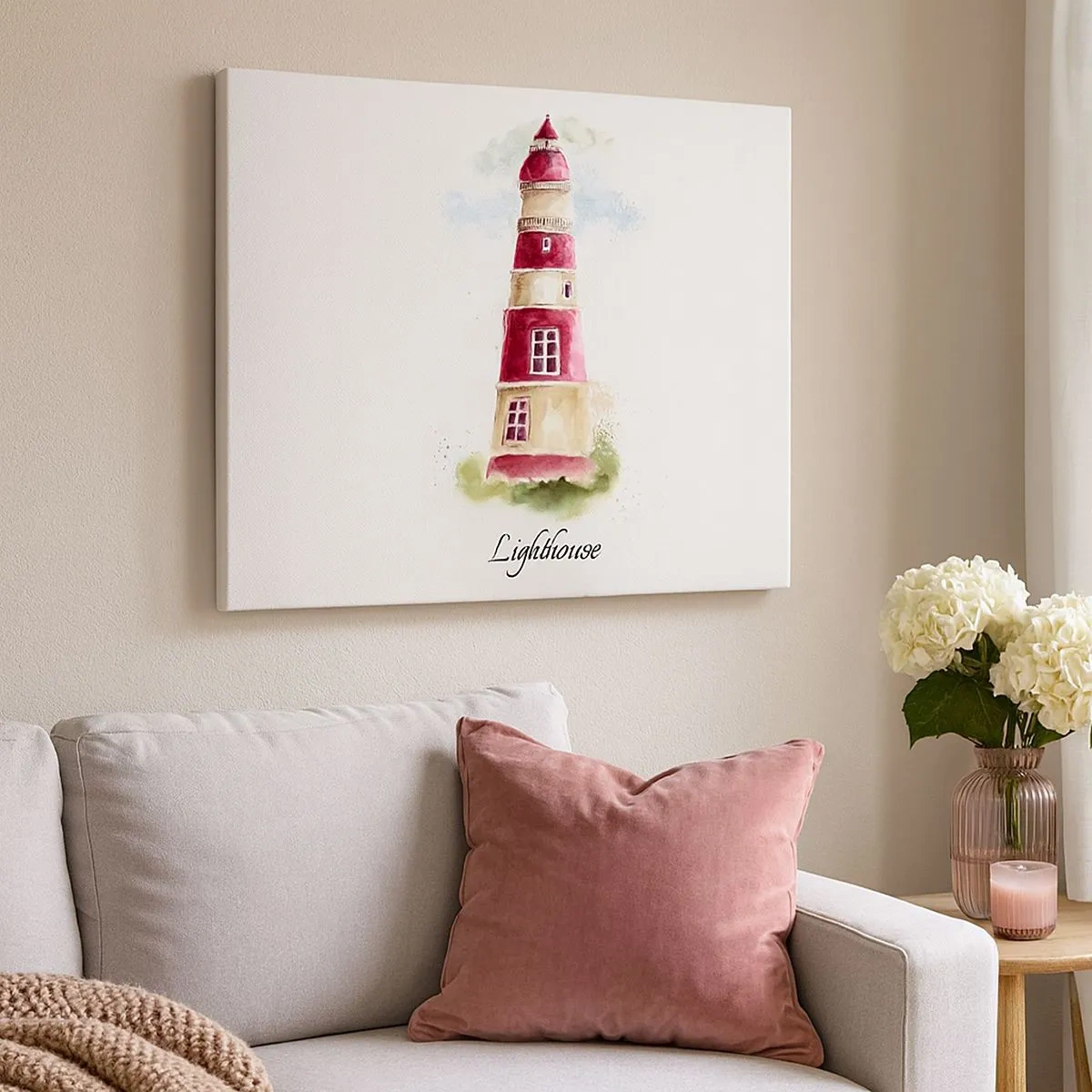 Obraz na plátně - Akvarelový obraz majáku na světlém pozadí s nápisem - 70x50cm - Tady je vždy počasí - Moderní nástěnná dekorace do obývacího pokoje a ložnice ARTTOR