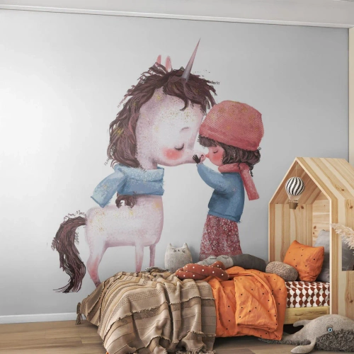 Fototapeta Standard Eco - Zimní příběh - Pro děti, Jednorožec, Dívka - 250x175 cm