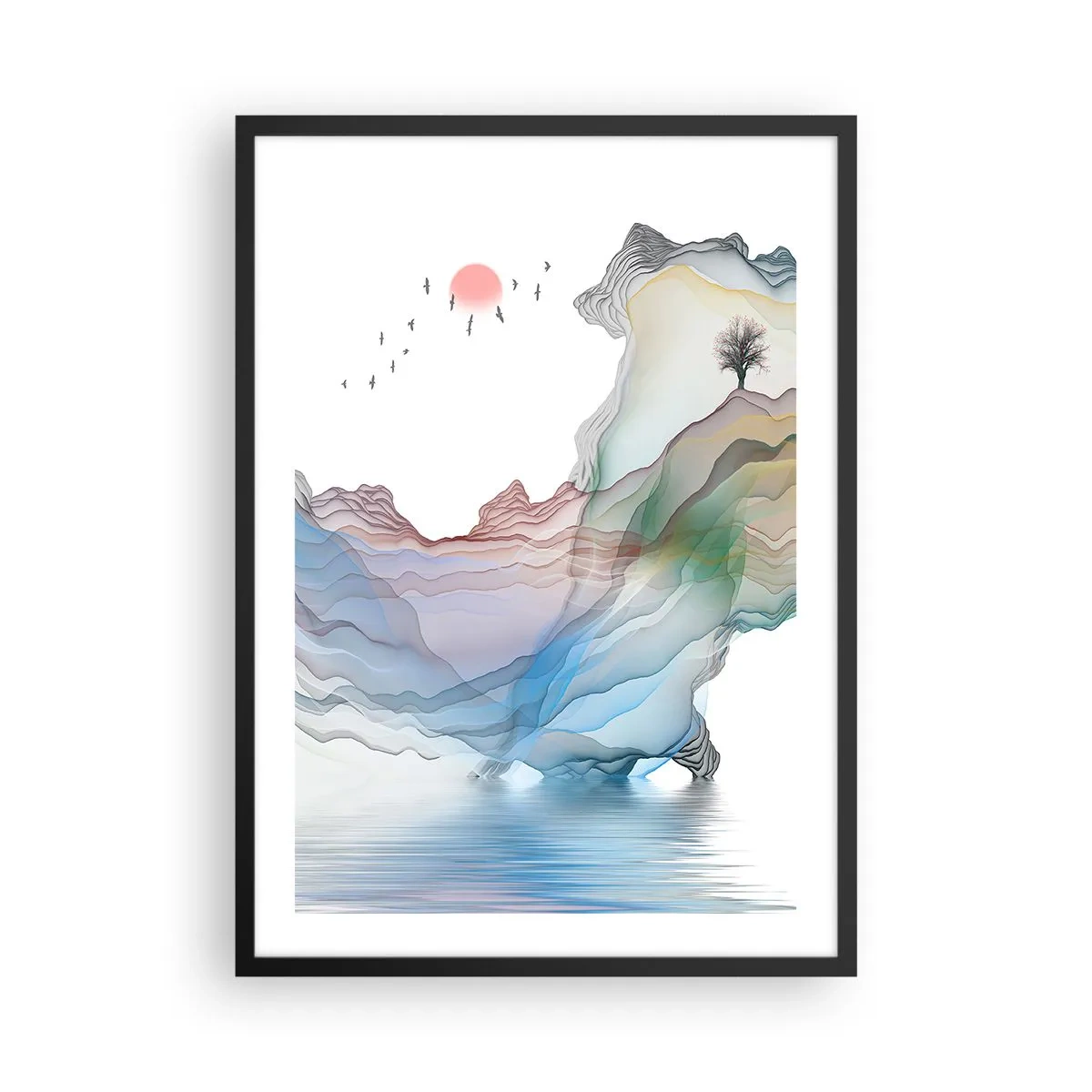 Plakát v černém rámu - Barevné, vrstvené hory nad klidným jezerem se stromem - 50x70cm - Ke křišťálovým horám - Moderní nástěnná dekorace do obývacího pokoje a ložnice ARTTOR