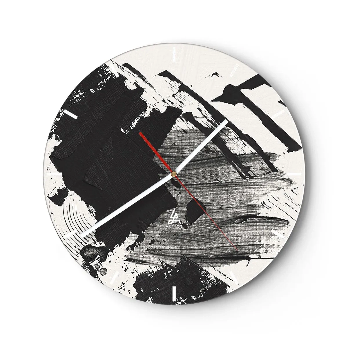 Nástěnné hodiny - Dynamická černobílá abstrakce s širokými tahy - 30x30cm - Abstrakce – exprese černé - Moderní nástěnná dekorace do obývacího pokoje, kuchyně a ložnice ARTTOR