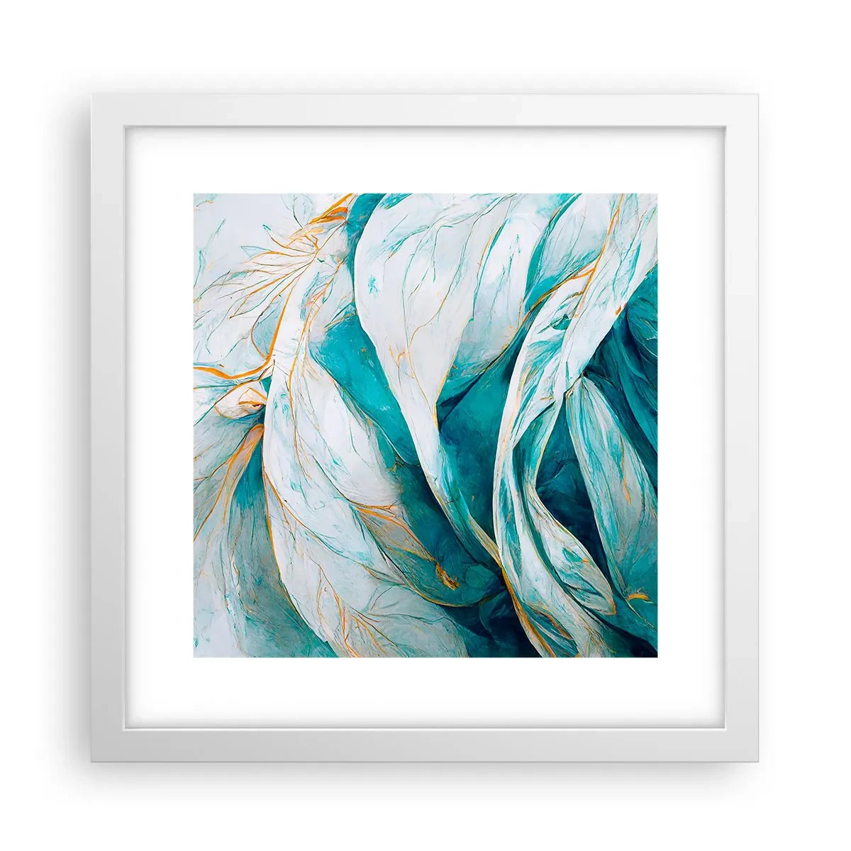 Plakát v bílém rámu - Modrá abstrakce se zlatým motivem - 30x30 cm