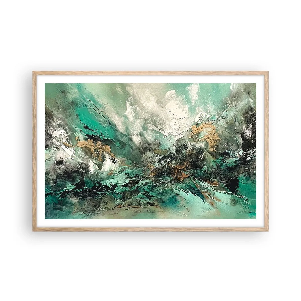 Plakát v rámu světlý dub - Smaragdově černé vlnobití - 91x61 cm