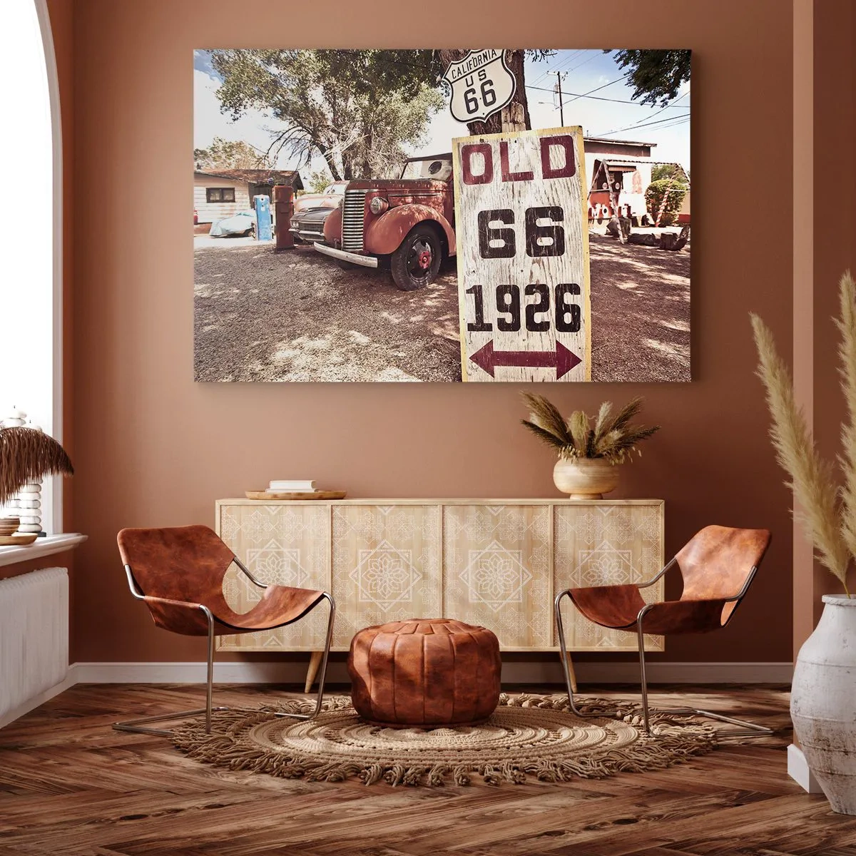 Obraz na plátně - Retro auto a cedule Route 66 v rustikálním prostředí - 70x50cm - Legenda americké provincie - Moderní nástěnná dekorace do obývacího pokoje a ložnice ARTTOR