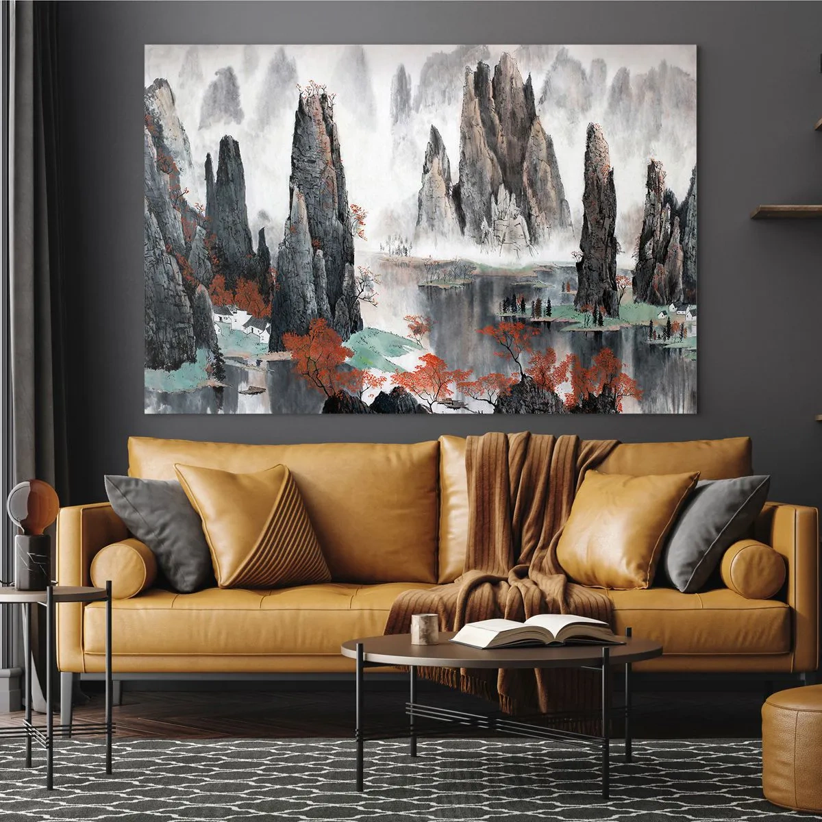 Obraz na skle - Malebná horská krajina s mlhavými vrcholky a červenými stromy - 70x50cm - Mocní strážci - Moderní nástěnná dekorace do obývacího pokoje a ložnice ARTTOR