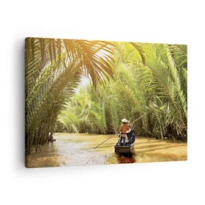 Obraz na plátně - Loď na řece obklopené tropickou vegetací - 70x50cm - Palmovou souteškou - Moderní nástěnná dekorace do obývacího pokoje a ložnice ARTTOR